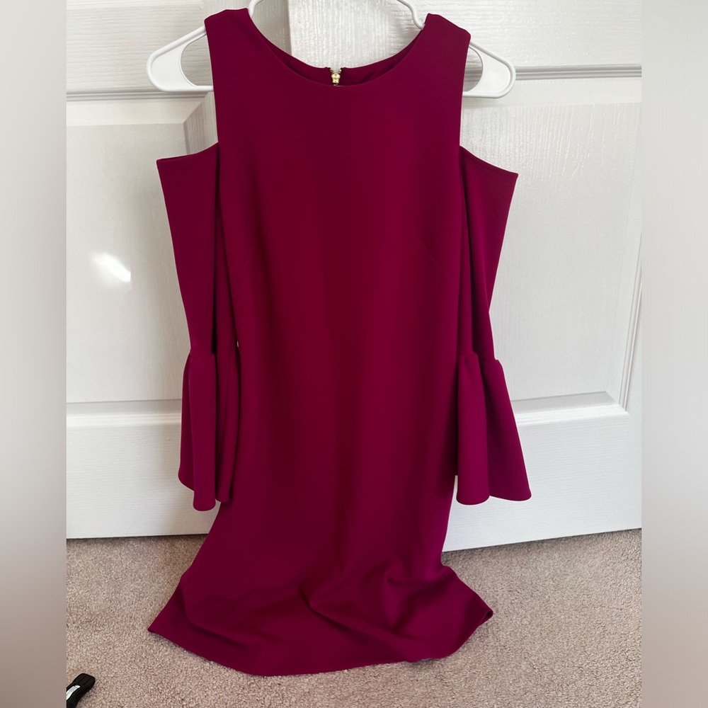 Eliza J Size 6 Dark Pink Flutter Sleeve Cold Shoulder Fit and Flare Dress